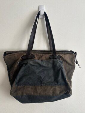 RARE Filson USA Tan Canvas Navy OIl Cloth Top Zipper Large Tote Bag -- 70135